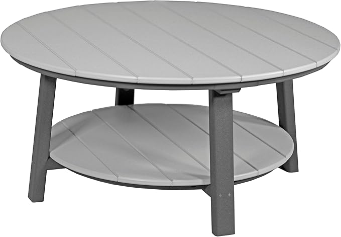 LuxCraft Deluxe Poly Round Outdoor Coffee Table, Two Tier Coffee Table, Round Conversation Tables for Outside Patio with Lower Shelf - Amish Made in USA (Dove Gray & Slate)