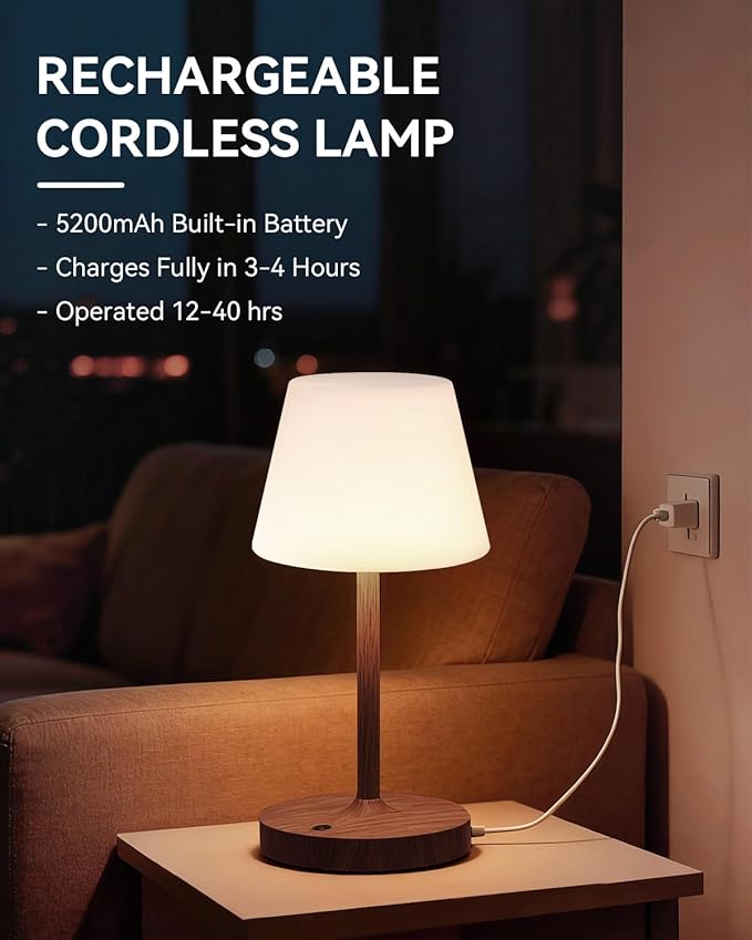 Outdoor Waterproof Shower Lamp, 5200mAh Cordless Rechargeable Table Lamp with Touch Dimming, IP65 Wireless LED Night Light for Patio, Camping, Bathroom, Restaurant & Kitchen (Dark Walnut)