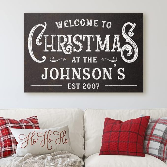 Milweb1 Personalized Family Name Welcome To Christmas/Rustic Vintage Farmhouse Holiday Decor Canvas Sign Holiday Decorations Wall Decor Print (32"x48")