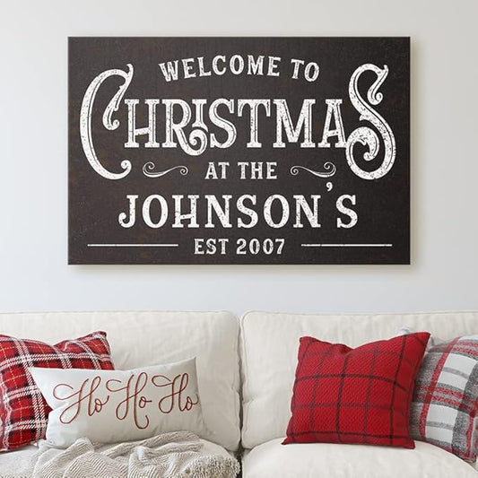 Milweb1 Personalized Family Name Welcome To Christmas/Rustic Vintage Farmhouse Holiday Decor Canvas Sign Holiday Decorations Wall Decor Print (12"x18")