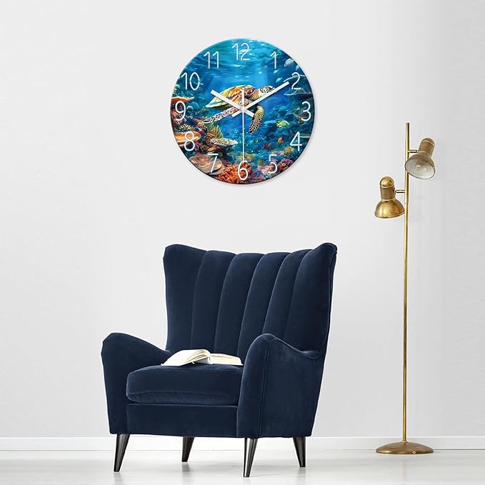 XNM 20 Inch Large Wall Clocks Battery Operated Glass Sea Turtle Ocean Clocks for Living Room Decor Blue Silent Wall Clock No Ticking