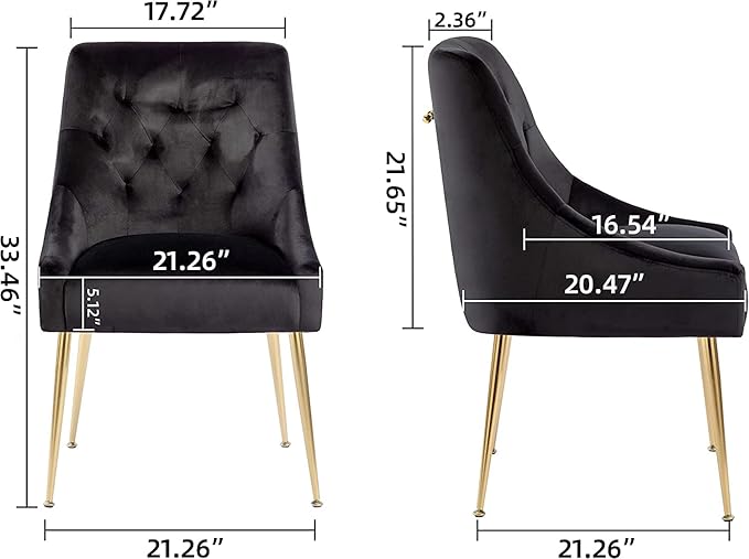 Modern Dining Chair Set of 6, Mid-Century Room Chair, Upholstered Comfortable Velvet with Back Pull Rod and Metal Legs for Kitchen, Dining, Living (Black), (DYXSD)