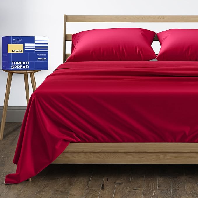 THREAD SPREAD 100% Egyptian Cotton King Size Sheets Set - High Thread Count Bed Sheets King Size Deep Pocket 16" (4 PC, Red), Soft, Cooling, Extra Long Staple Sateen Luxury Hotel Sheet Set