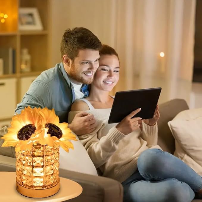 Crystal Cube LED Night Light with Sunflower Vase, USB Rechargeable Table Lamp, 3 Color Modes, Touch Control, Decorative Accent Light for Bedroom, Home (Crystal Column/Pillar (Sunflower))