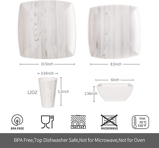 Melamine Dinnerware Set 16Pcs Wood-looking - Dish Dishware Square Mugs Tumbler Wood Grain Woodland Plastic Outdoor Plates Bowls Durable Service for 4