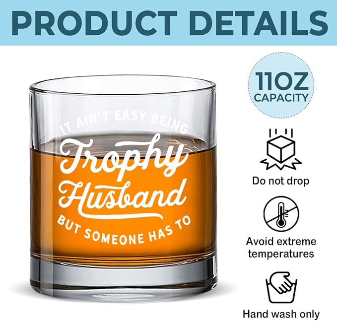 DOPTIKA Christmas Birthday Gifts For Him, 11 Oz Novelty Old Fashioned Glass, Anniversary Husband Gift From Wife, Bourbon Gifts For Men, It Ain't Easy Being A Trophy Husband Whiskey Glass