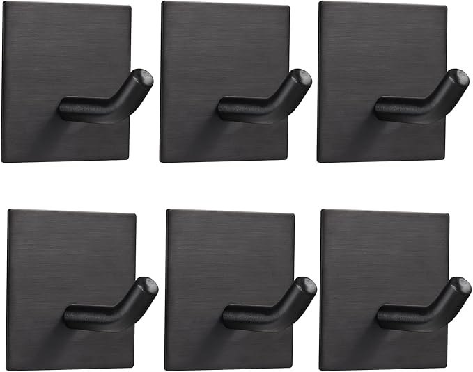 Heavy Duty Adhesive Hooks, Stick on Wall Adhesive Hangers, Strong Stainless Steel Holder, Self Adhesive Hooks for Kitchen Bathroom Home Door Towel Coat Key Robe 6 Packs Black