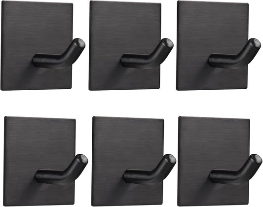 Heavy Duty Adhesive Hooks, Stick on Wall Adhesive Hangers, Strong Stainless Steel Holder, Self Adhesive Hooks for Kitchen Bathroom Home Door Towel Coat Key Robe 6 Packs Black