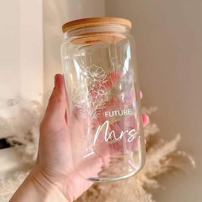 Engagement Gifts for Women, Bride To Be Gifts - Future Mrs Cup 16oz Glass Cup with Lid and Straw
