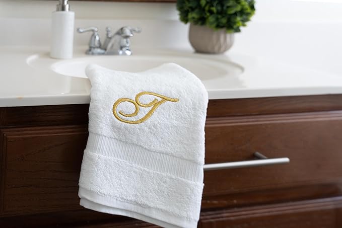 White Monogrammed Hand Towels for Bathroom - Luxury Hotel Quality Personalized Initial Embroidered Towel for Powder Room, Spa - GOTS Organic Certified - Set of 2 Gold Letter T