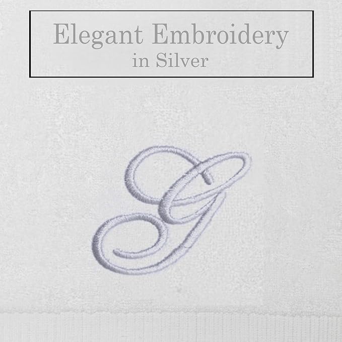 White Monogrammed Hand Towels for Bathroom - Luxury Hotel Quality Personalized Initial Embroidered Towel for Powder Room, Spa - GOTS Organic Certified - Set of 2 Silver Letter G
