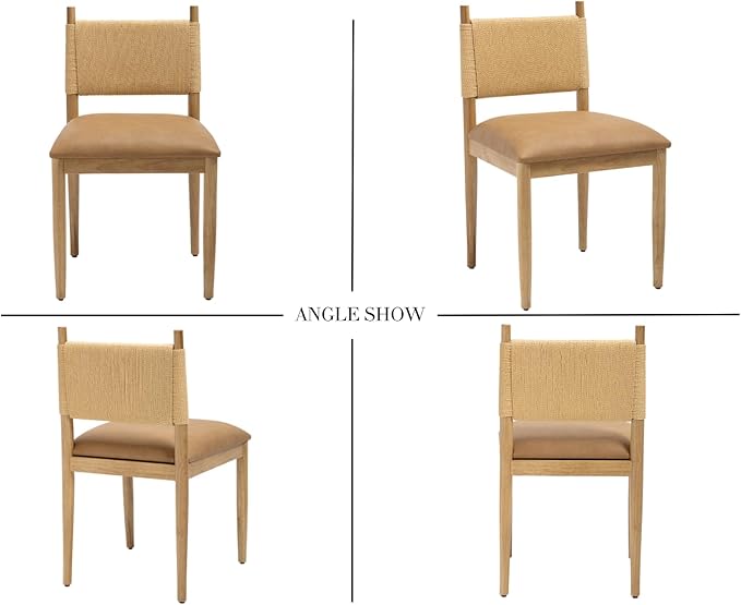 CIMOTA Faux Leather Modern Dining Chairs Set of 6, Mid Century Upholstered Dining Room Chairs with Woven Back, Armless Kitchen Chairs with Natural Solid Wood Legs, PU Brown