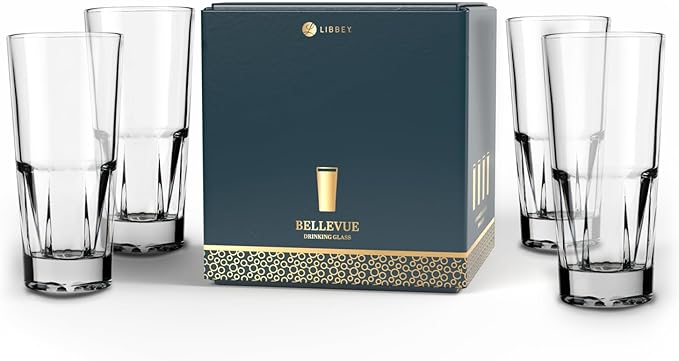 Libbey Bellevue Cocktail Glasses Set, 13.5 Oz, Clear, Stylish Retro Stackable Glass Cups, Modern Glassware Set for Cocktails, Mojito, and More