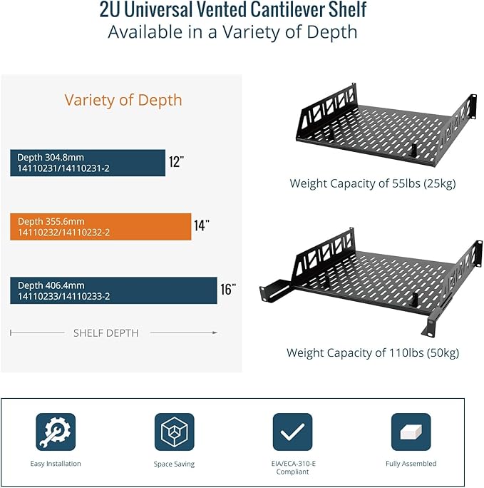 Tecmojo 2U Rack Shelf,19 inch Server Rack Shelf 14 inch Depth,Weight Capacity 110Lbs/50kg,Rack Mount Shelf for 19" Network Racks & Cabinets,with Complete Accessories (2Pack)