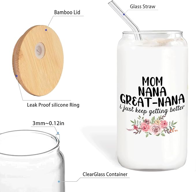 Christmas Grandmother Gifts For Mom Nana Great Nana Glass Coffee Cup With Lid And Straws 14oz - christmas Glass Cup gifts For Grandma