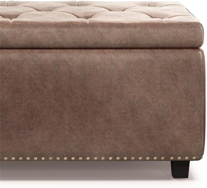48"W Leather Storage Ottoman Bench with Lift Top, Nail Head Trim, Footrest with Large Storage Space, Distressed Brown Storage Chest, Queen Size End of Bed Bench with Hidden Space for Blankets