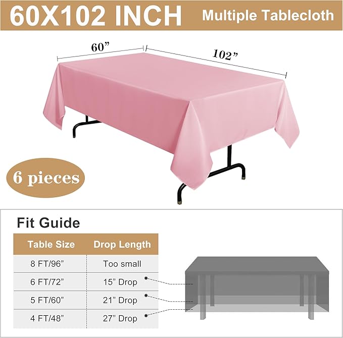 sancua 6 Pack Pink Tablecloth 60 x 102 Inch, Rectangle Table Cloth for 6 Feet Tables - Stain and Wrinkle Resistant Washable Polyester Table Cover for Dining Tables, Christmas Buffet Parties
