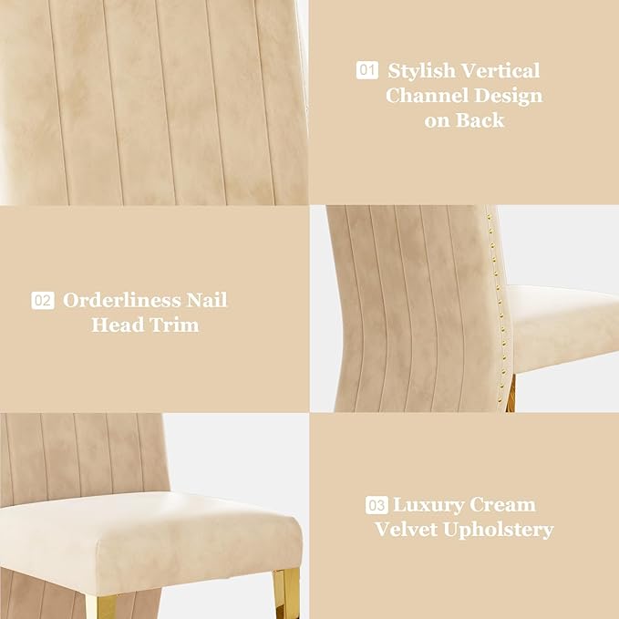 AUZ Dining Chairs with Nail Head Trim, Modern Velvet Upholstered Dining Room Chairs in Lovely Color with Polished Gold Stainless Steel Legs, Set of 4