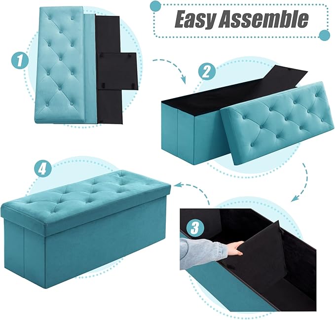 BRIAN & DANY 43 Inches Ottoman with Storage, Velvet Storage Ottoman Bench, End of Bed Benches, Folding Ottomans for Bedroom, Living Room and Entryway (Teal)