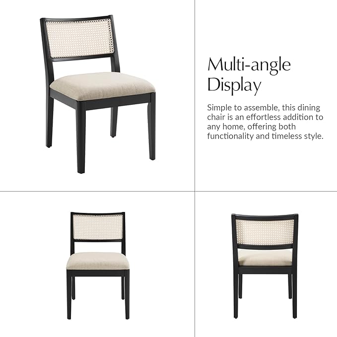 HULALA HOME Rattan Dining Chairs Set of 4, French Solid Wood Kitchen Dining Room Chairs with Curved Back, Upholstered Accent Dinner Cane Chair for Living Room Restaurant, Black