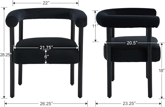 Mid-Century Modern Dining Chairs Set of 2, Armrest Barrel Dining Chairs Side Accent Chairs with Curved Back, Upholstered Wood Armchairs for Kitchen, Velvet Black