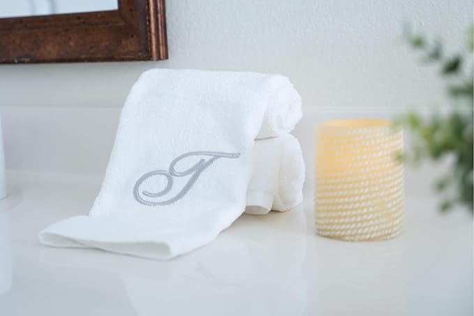 White Monogrammed Hand Towels for Bathroom - Luxury Hotel Quality Personalized Initial Embroidered Towel for Powder Room, Spa - GOTS Organic Certified - Pack of 2 Silver, Letter T