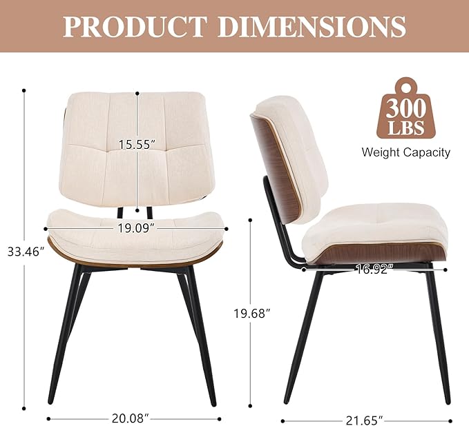 Dining Chairs Set of 6,Mid Century Modern Kitchen Chairs with Walnut Bentwood Back and Metal Legs,Upholstered Fabric Dining Room Chairs for Kitchen, Living Room,Beige