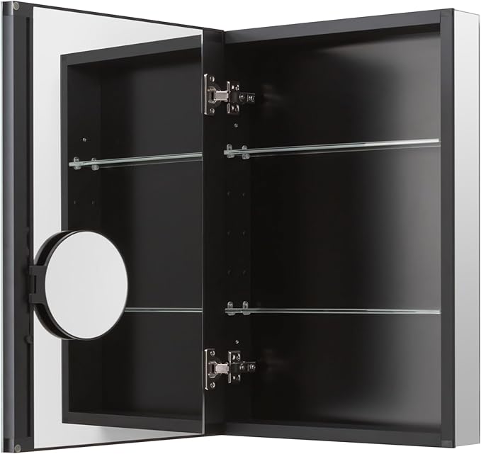 16 x 20 Inch Bathroom Mirror Cabinet, Medicine cabinets for Bathroom，3 Adjustable Shelves, Soft Close Hinges, 3X Movable Magnifier, Black Medicine Cabinet