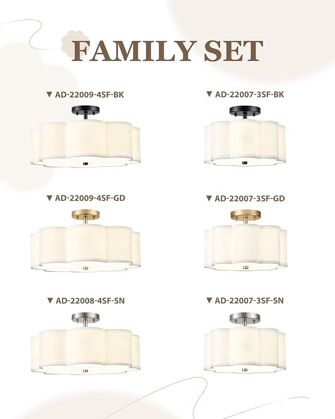 Gold Semi Flush Mount Ceiling Lights, 4-Light 18" Ceiling Light Fixtures with Fabric Shade in Flower Shape, Farmhouse Brass Drum Lighting for Nursery Bedroom Kitchen, AD-22009-4SF-GD