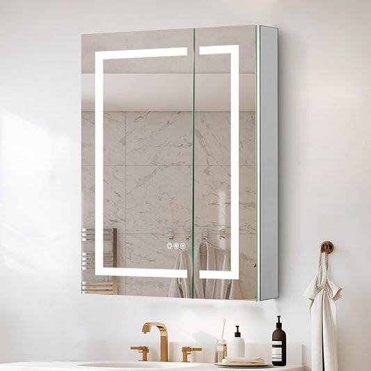 30 x 32 LED Lighted Medicine Cabinet with Lights, Recessed or Surface Wall Mount Medicine Cabinet Mirror for Bathroom with Storage, Outlets & USB, Tempered Glass, 3-Color Dimming, Adjustable Shelf