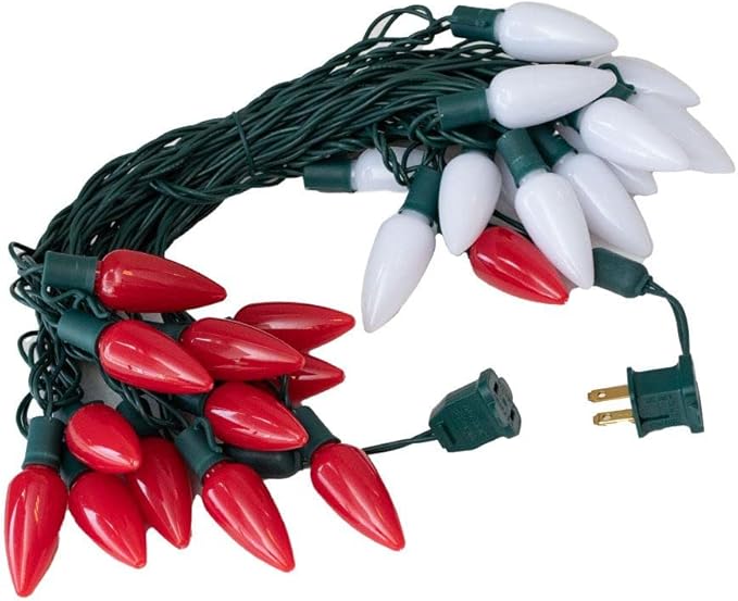 Novelty Lights 25 Feet 25 Light C9 Ceramic Style LED String Lights, Red/Warm White, Pre-Lamped Christmas Lights on Green Wire, UL Listed Indoor/Outdoor, Connectable End-to-End
