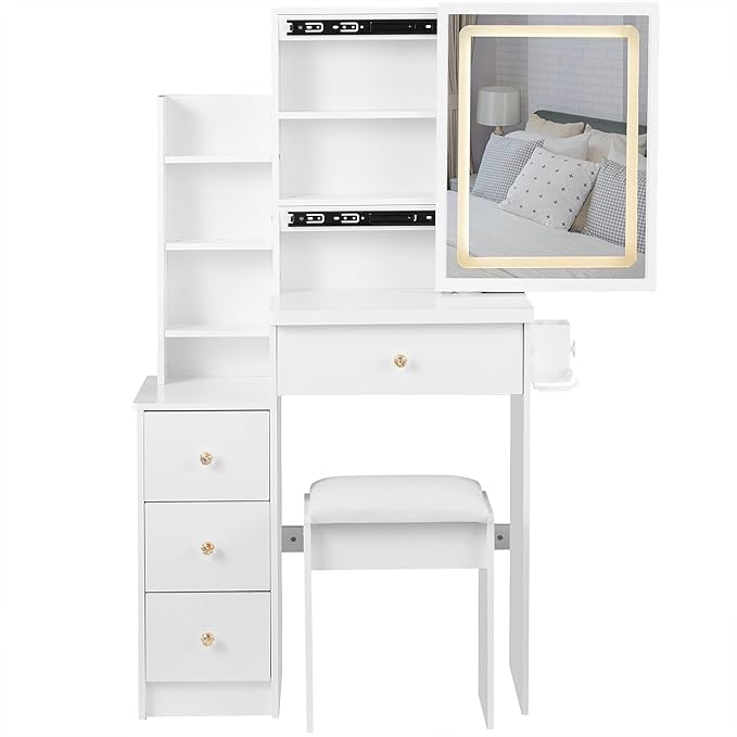 Makeup Vanity Desk Set with LED Lights, 3-Mode Adjustable Lights, Small Vanity with Chair，Compact Space Storage Shelves, Hair Dryer Holder Compact Vanities Table for Bedroom, White