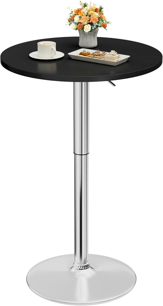 Shahoo Round Bar Table, Adjustable Height and 360° Swivel Bistro Pub Table, Cooktail Table for Bar, Bistro, Dining Room, Black with Silver Base