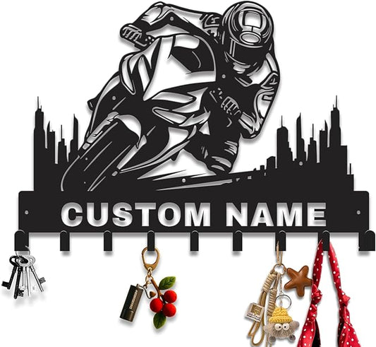 Personalized Motorcycle Metal Key Holder, Custom Last Name Metal Wall Sign, Hanging Storage Rack for Garage and Home Decor (Style-5)