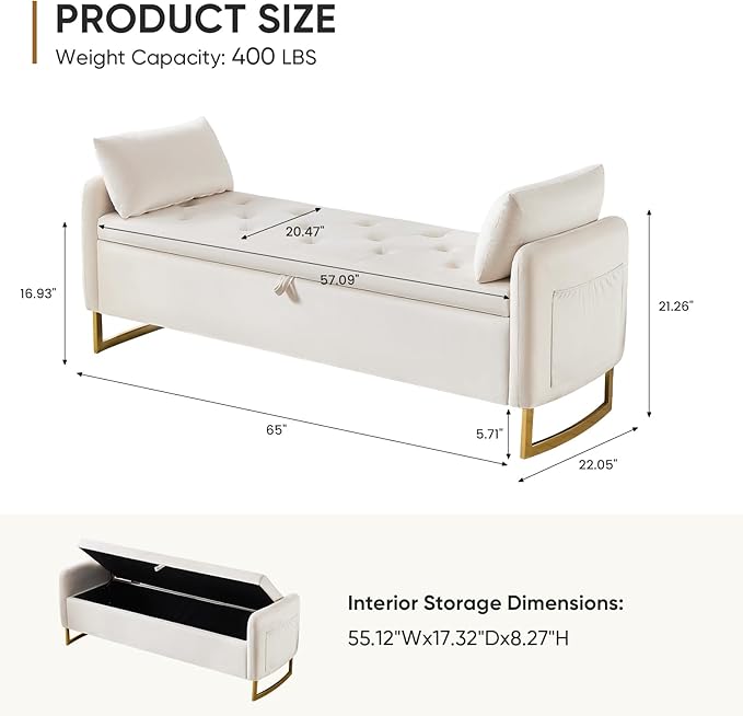 65" End of Bed Storage Bench King Size, Storage Ottoman Bench with Tufted Button Upholstered and Gold Legs, Bedroom Benches with Armrests for Living Room Window and Entryway, Beige