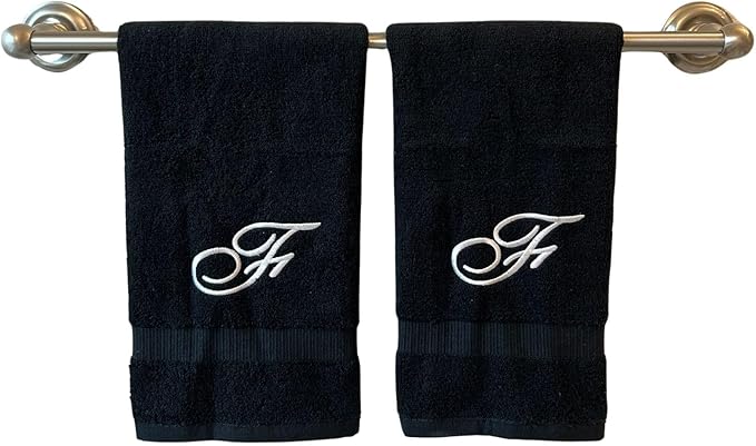 Black Monogrammed Hand Towels for Bathroom - Luxury Hotel Quality Personalized Initial Embroidered Towel for Powder Room, Spa - GOTS Organic Certified - Set of 2 White Letter F