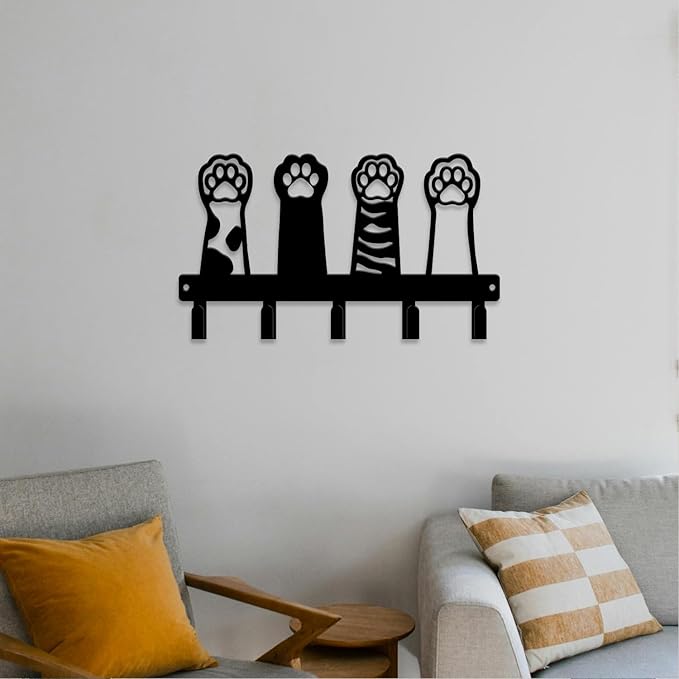 magilab Cat-Themed 10-Inch Iron Key Hooks with 5 Hooks, Black Wall Organizer - Cute Cat Design for Home Decor, No Drill & Screw-in Options (Style C)