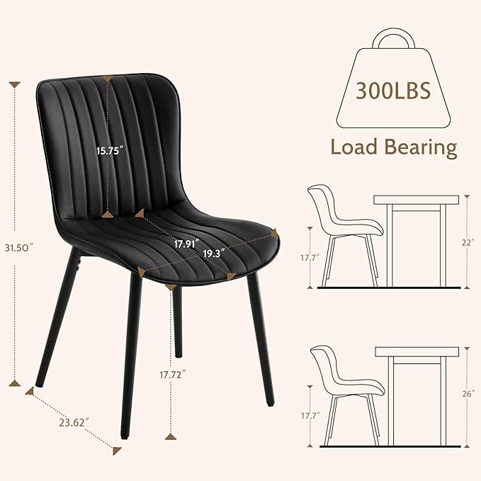 Modern Black Dining Chairs Set of 2, Heavy Duty Upholstered Side Chairs with Faux Leather, Comfortable Cushions & Durable Metal Legs with Adjustable Feet, Perfect for Kitchen, Dining Room