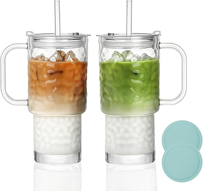 17oz Water Glass Tumbler with Handle & Lid, Reusable Iced Coffee Cups with Straws – Set of 2, Glass Cups Travel Mug for Smoothies, Juice, Coffee, Tea