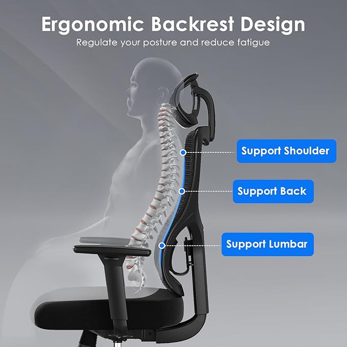 Soohow Ergonomic Office Chair,Mesh Desk Chair with Adjustable Lumbar Support and Headrest,Comfy Computer Chair with 3D Armrest Recling Swivel Chair for Home and Office, Black & Black