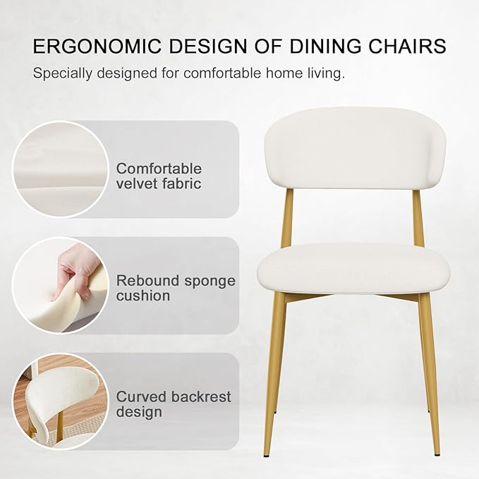 Velvet Dining Chairs Set of 6, Modern Kitchen Chairs with Curved backrests and Metal Legs, Upholstered Dining Chairs for Dining Room,White and Gold