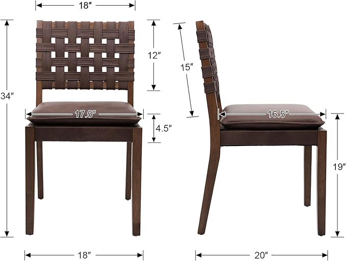 Woven Faux Leather Dining Chairs Set of 2, Farmhouse Upholstered Kitchen Chairs with Wooden Legs Armless Accent Side Chairs for Dining Room/Restaurant, Brown