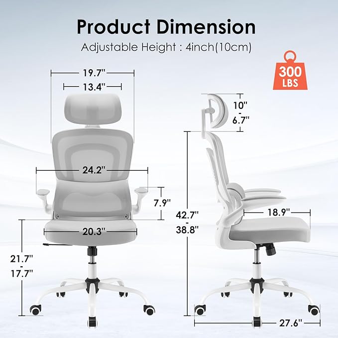 Farini Ergonomic Office Chair, Desk Chair with Headrest and Lumbar Support, High Back Swivel Home Office Chair with Headrest for Home Office Bedroom, Gifts, White & Gray