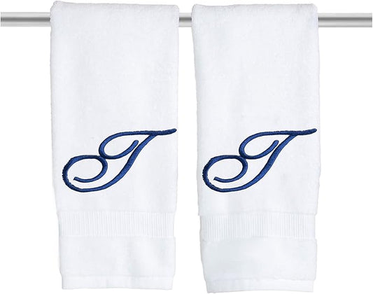 White Monogrammed Hand Towels for Bathroom - Luxury Hotel Quality Personalized Initial Embroidered Towel for Powder Room, Spa - GOTS Organic Certified - Set of 2 Navy Letter T