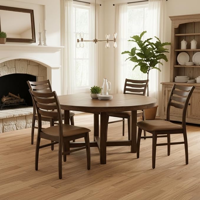 DUOMAY Farmhouse Dining Chairs Set of 2, PU Brown Upholstered Side Chairs Solid Wood Ladder Back Kitchen Chairs for Home Dining Room, Walnut Frame