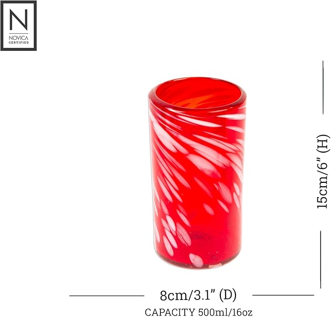 NOVICA Red Eco-Friendly Hand Blown Glass Tumblers, 16 Oz, 'Festive Red' (Set Of 6)