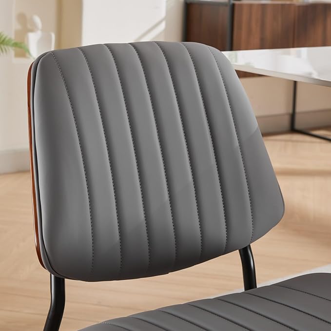 Dining Chairs Set of 2, Mid Century Modern Accent Dining Room and Kitchen Chairs, Upholstered PU Leather Vertical Stripe Chairs for Vanity with Walnut Bentwood and Metal Legs, Gray