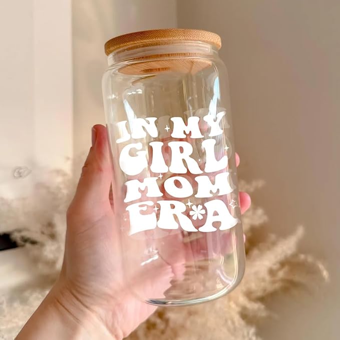 In My Girl Mom Era 16oz Glass Cup - Drinking Cup with Lid and Straw for Moms - Christmas & Mothers Day Gifts