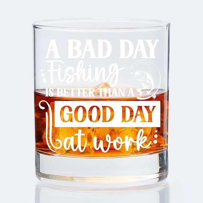 Fish Lovers Gifts Old Fashioned Whiskey Glasses, Fishing Gifts for Fisherman, Funny Fishing Gift 10 oz Rocks Barware Cup for Cocktail Drinks Scotch Bourbon Liquor
