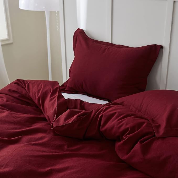 Simple&Opulence French Linen Duvet Cover Set 78" x 86"- 3 Pieces (1 Comforter Cover,2 Pillowcases)- Natural Flax Cotton Blend-Solid Color Breathable Farmhouse Bedding-Burgundy, Full